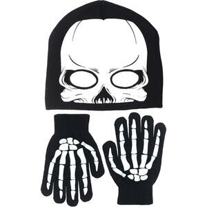 Boy's Skeleton Knit Beanie with Eye Holes & Gloves Halloween set (Black-white)